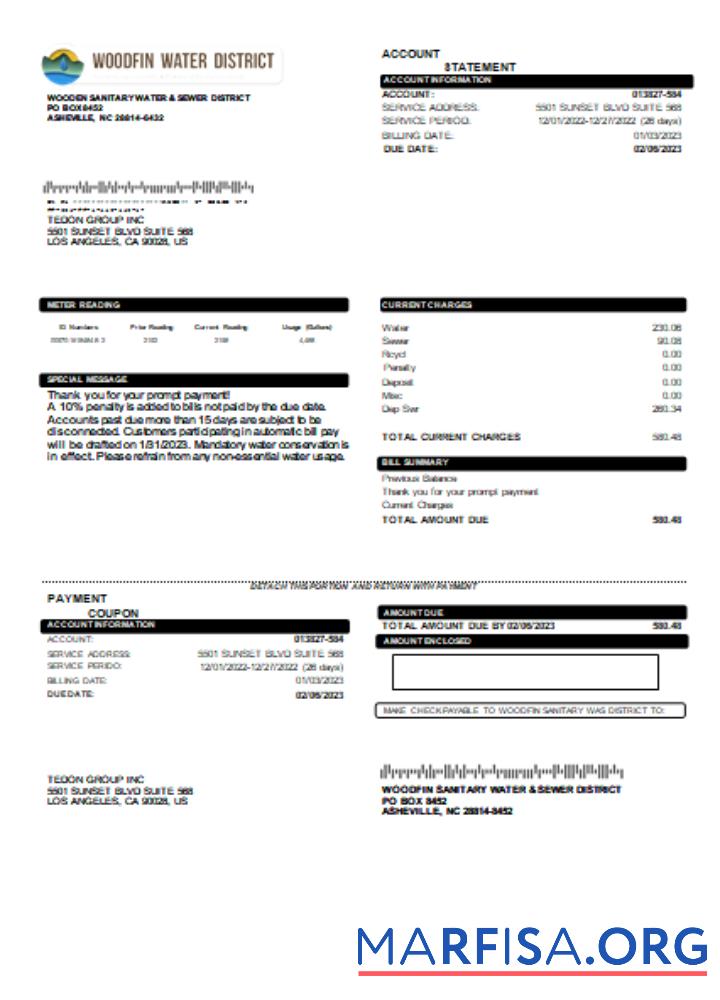 Blank Woodfin Sanitary Water & Sewer District utility business bill, SCR template